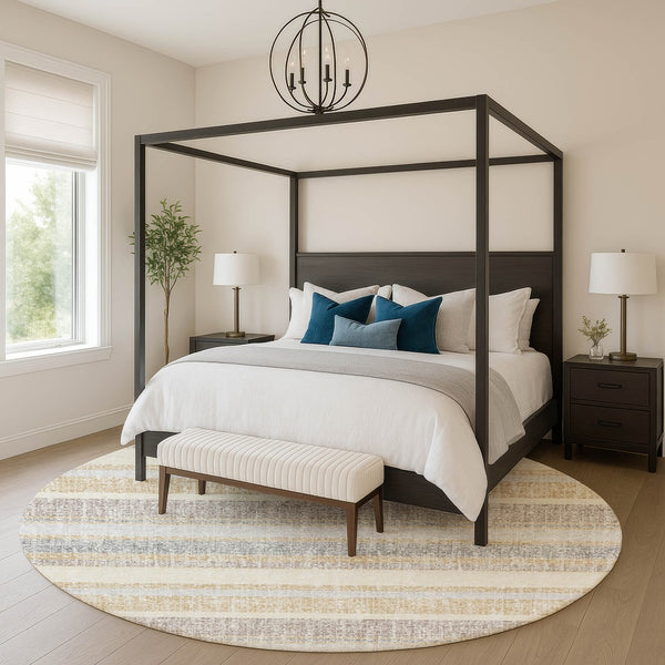HomeRoots 8' X 10' Striped Gold and Beige Area Rug - Washable, UV Protected, Stylish & Durable for Homes 718597