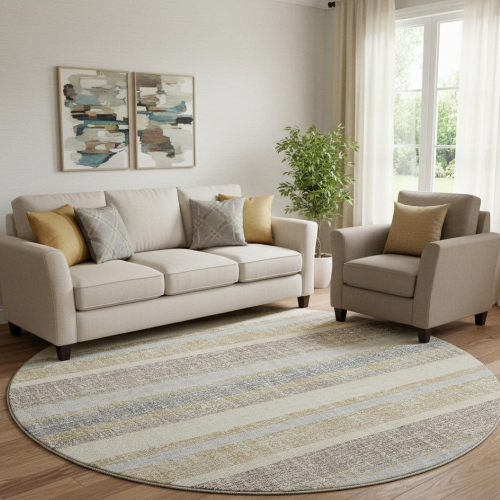 HomeRoots 8' X 10' Striped Gold and Beige Area Rug - Washable, UV Protected, Stylish & Durable for Homes 718597