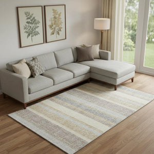 HomeRoots 9' X 12' Gold And Beige Striped Area Rug - Washable, UV-Protected, Pet-Friendly, Stylish & Durable! 718598