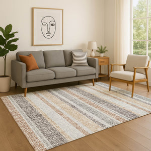 HomeRoots 8' Gray And Beige Striped Round Rug - Washable, UV Protected, Stain Resistant, Perfect for Any Room 718602