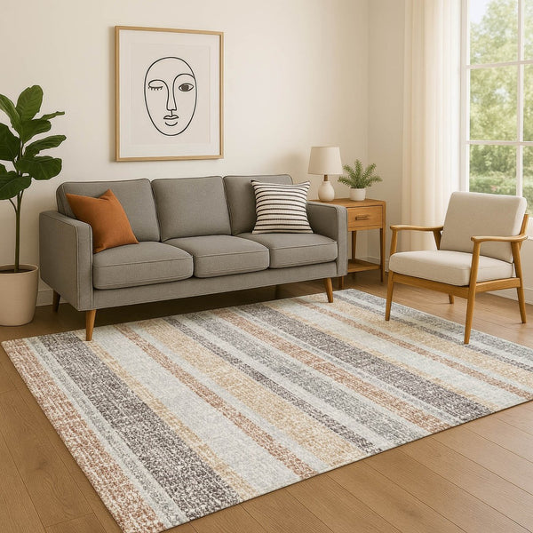 HomeRoots 8' Gray And Beige Striped Round Rug - Washable, UV Protected, Stain Resistant, Perfect for Any Room 718602