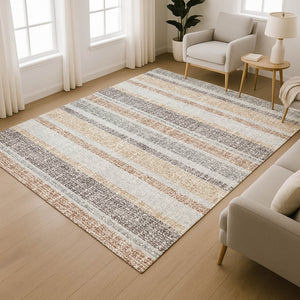 HomeRoots 8' Gray And Beige Striped Round Rug - Washable, UV Protected, Stain Resistant, Perfect for Any Room 718602