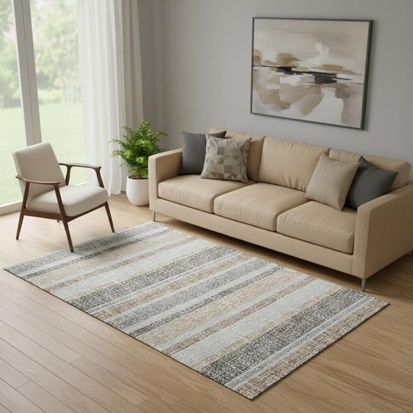 HomeRoots 8' Gray And Beige Striped Round Rug - Washable, UV Protected, Stain Resistant, Perfect for Any Room 718602