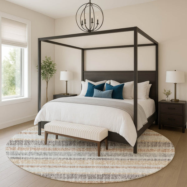 HomeRoots 8' X 10' Gray and Beige Striped Washable Area Rug - Durable, UV-Protected, Perfect for High-Traffic Spaces 718603