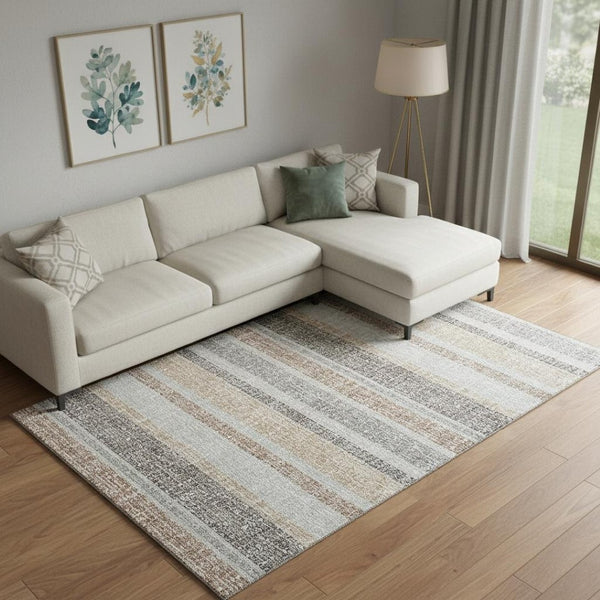 HomeRoots 10' Gray and Beige Striped Washable Area Rug - Durable, UV-Protected, Perfect for High-Traffic Spaces! 718605