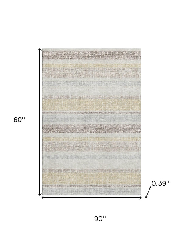 HomeRoots 8' Ivory and Beige Striped Round Rug - Washable, UV-Protected, Durable for High-Traffic Spaces 718608