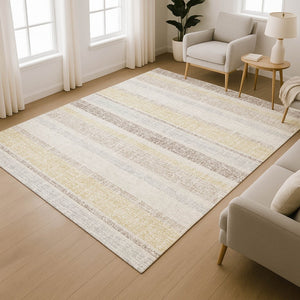 HomeRoots 8' Ivory and Beige Striped Round Rug - Washable, UV-Protected, Durable for High-Traffic Spaces 718608