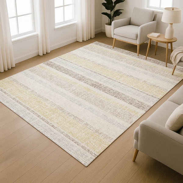 HomeRoots 8' Ivory and Beige Striped Round Rug - Washable, UV-Protected, Durable for High-Traffic Spaces 718608