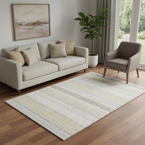 HomeRoots 8' Ivory and Beige Striped Round Rug - Washable, UV-Protected, Durable for High-Traffic Spaces 718608