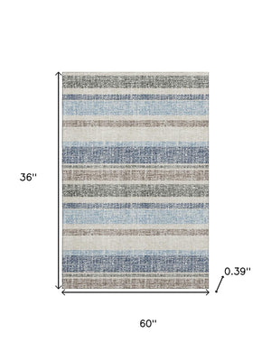 HomeRoots 5' X 8' Navy Blue & Beige Striped Area Rug - Washable, UV-Protected, Stain-Resistant Comfort for All 718613