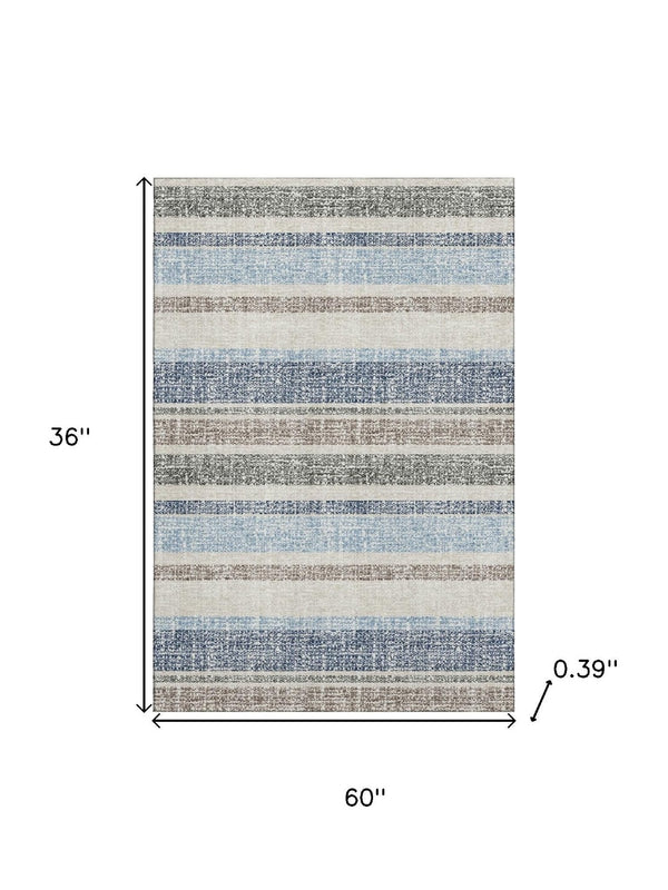 HomeRoots 5' X 8' Navy Blue & Beige Striped Area Rug - Washable, UV-Protected, Stain-Resistant Comfort for All 718613