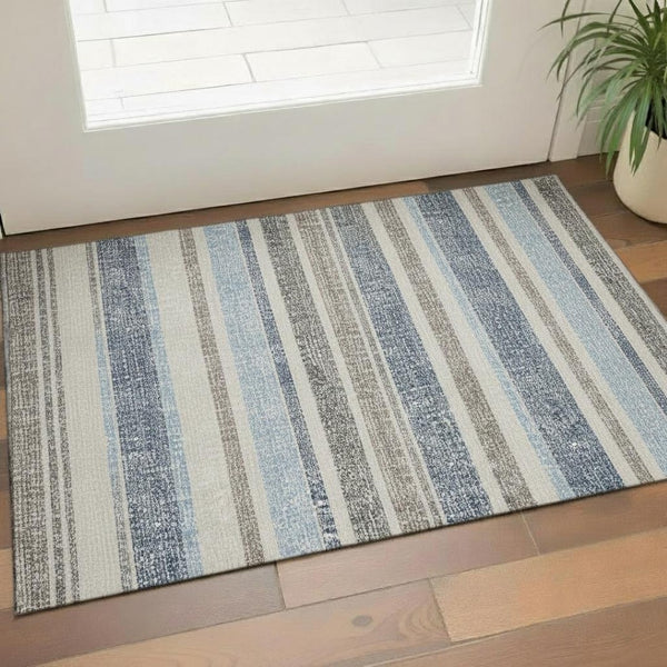 HomeRoots 5' X 8' Navy Blue & Beige Striped Area Rug - Washable, UV-Protected, Stain-Resistant Comfort for All 718613