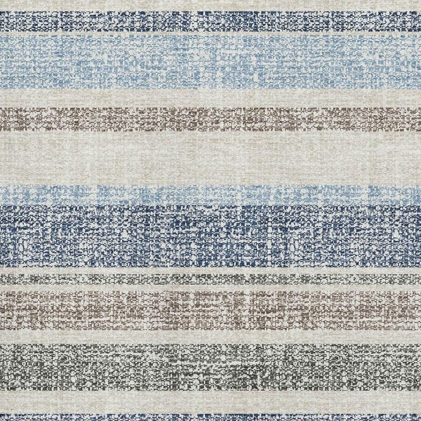HomeRoots 8' Navy Blue & Beige Striped Washable Round Rug – Durable, UV Protected, Perfect for High-Traffic Areas 718614