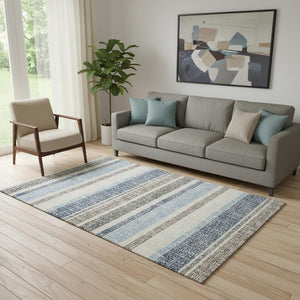 HomeRoots 8' Navy Blue & Beige Striped Washable Round Rug – Durable, UV Protected, Perfect for High-Traffic Areas 718614