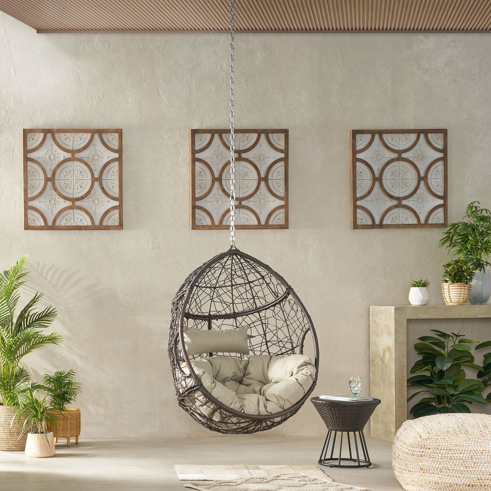 English Elm Christopher Knight Home® - CASTAIC Teardrop Hanging Chair with 8ft Chain — Durable PE Rattan, Water-Resistant Cushions, Cozy Lounging Khaki+Brown 70772.00KHAKMULBRN