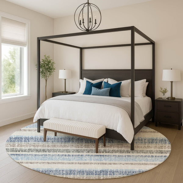 HomeRoots 8' X 10' Navy Blue and Beige Striped Area Rug - Washable, Stain Resistant, UV Protected for Homes 718615