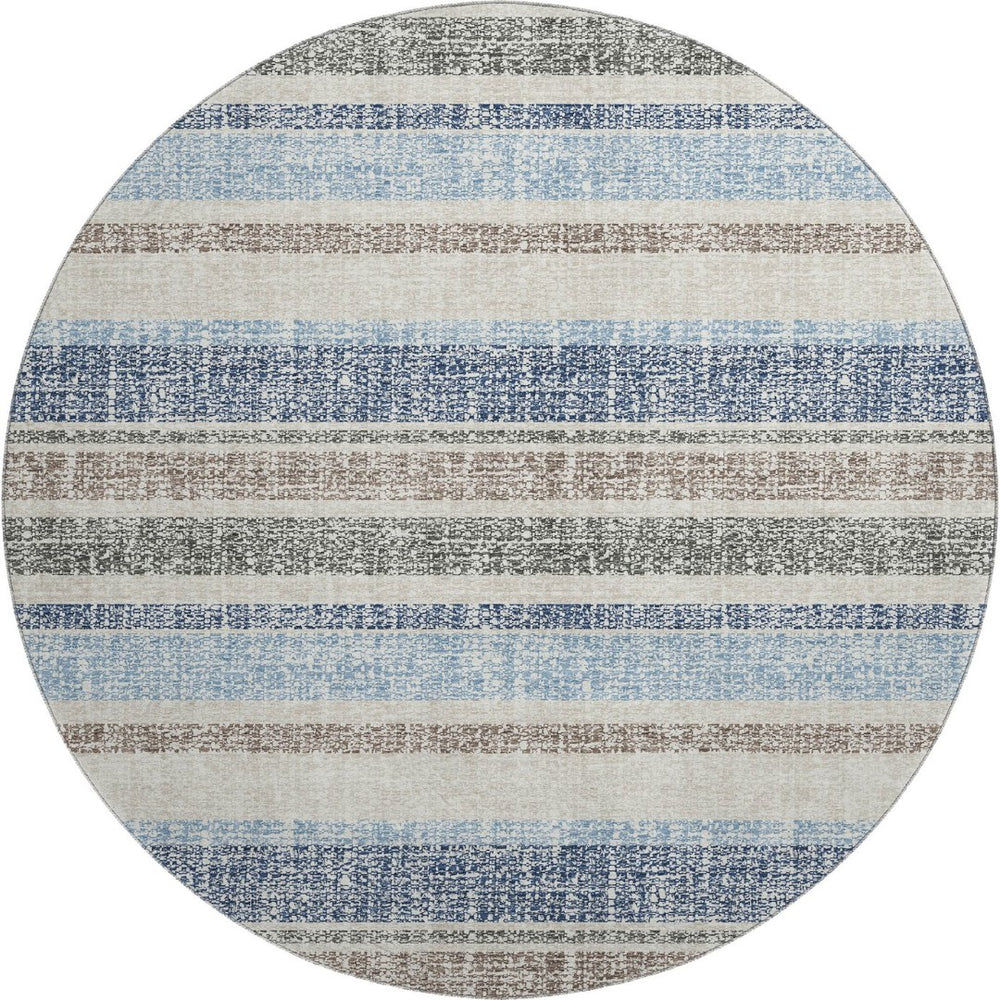 HomeRoots 8' X 10' Navy Blue and Beige Striped Area Rug - Washable, Stain Resistant, UV Protected for Homes 718615