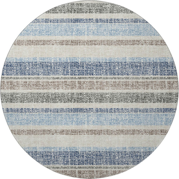 HomeRoots 8' X 10' Navy Blue and Beige Striped Area Rug - Washable, Stain Resistant, UV Protected for Homes 718615