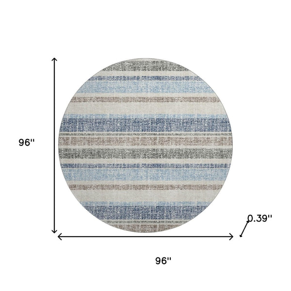 HomeRoots 8' X 10' Navy Blue and Beige Striped Area Rug - Washable, Stain Resistant, UV Protected for Homes 718615