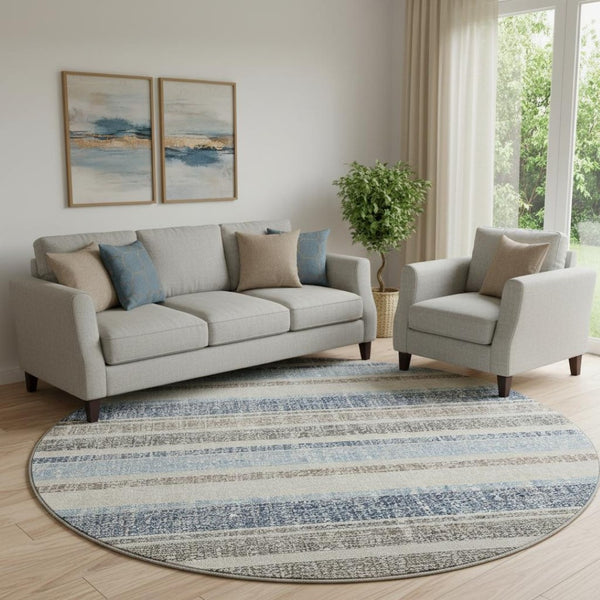 HomeRoots 8' X 10' Navy Blue and Beige Striped Area Rug - Washable, Stain Resistant, UV Protected for Homes 718615