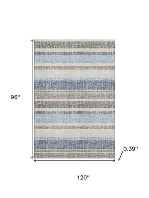HomeRoots 9' X 12' Navy Blue and Beige Striped Area Rug - Machine Washable, UV Protected, Non-Slip Backing! 718616