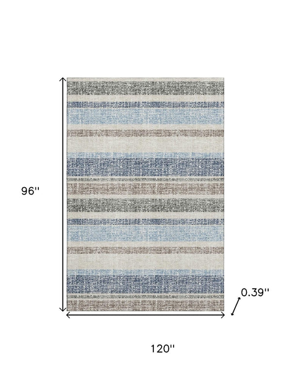 HomeRoots 9' X 12' Navy Blue and Beige Striped Area Rug - Machine Washable, UV Protected, Non-Slip Backing! 718616