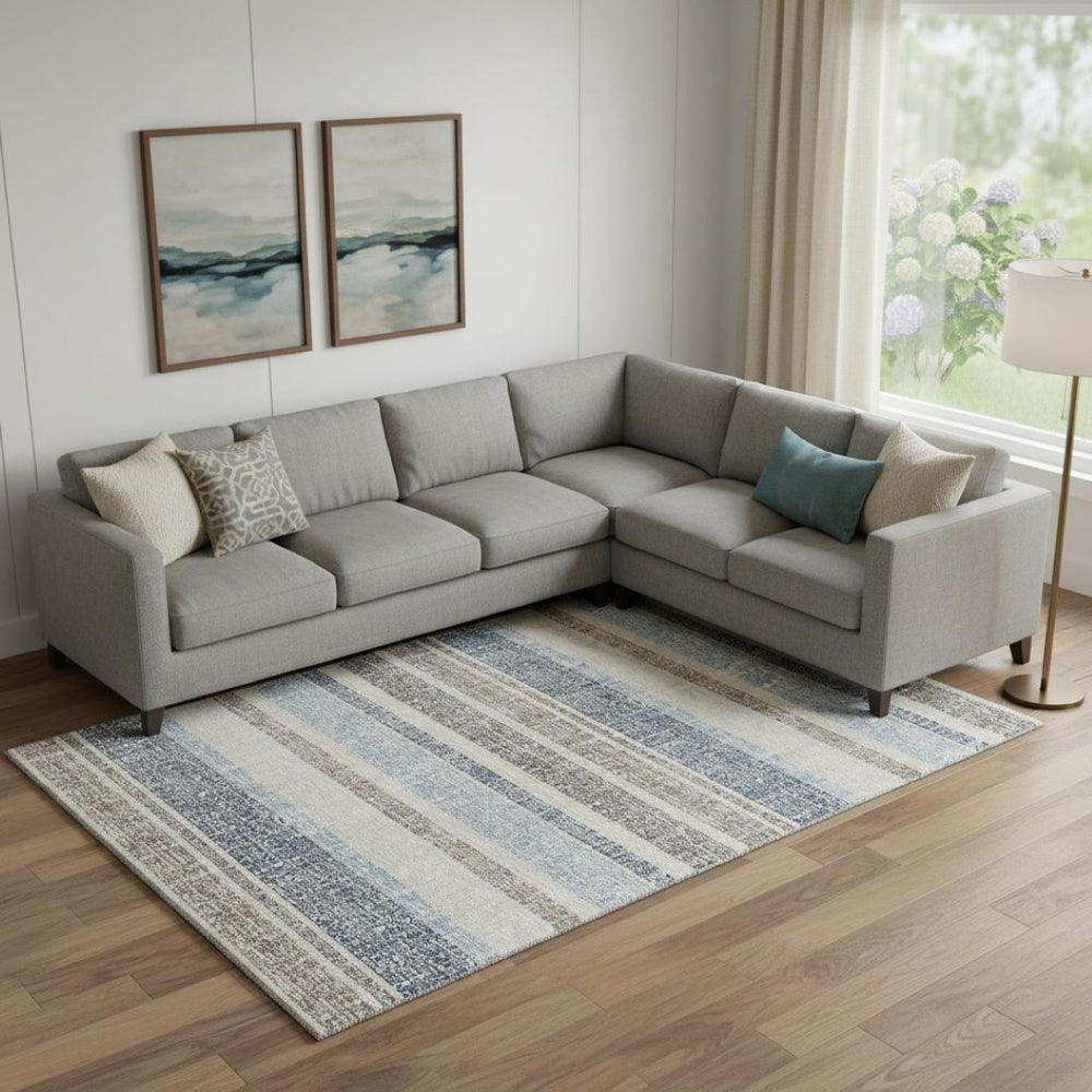 HomeRoots 9' X 12' Navy Blue and Beige Striped Area Rug - Machine Washable, UV Protected, Non-Slip Backing! 718616