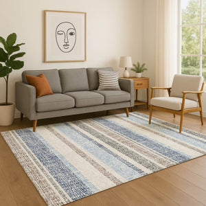 HomeRoots 10' X 14' Navy Blue & Beige Striped Washable Area Rug – Durable, UV-Protected for Busy Homes! 718617