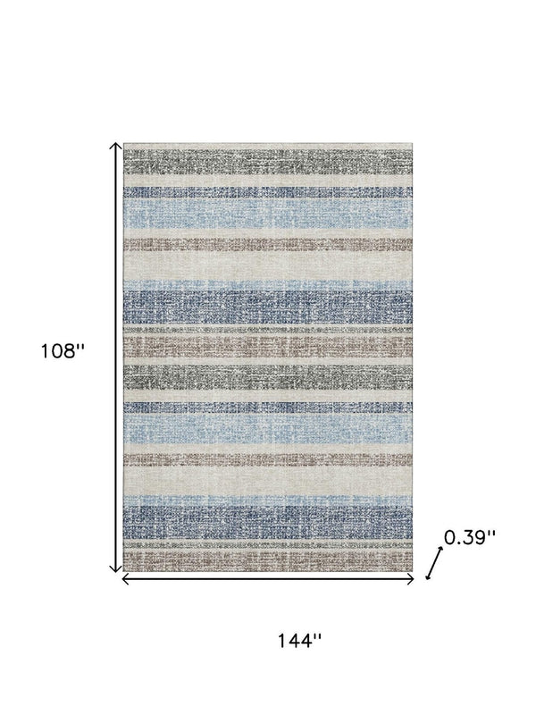 HomeRoots 10' X 14' Navy Blue & Beige Striped Washable Area Rug – Durable, UV-Protected for Busy Homes! 718617