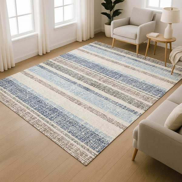 HomeRoots 10' X 14' Navy Blue & Beige Striped Washable Area Rug – Durable, UV-Protected for Busy Homes! 718617