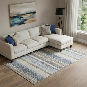 HomeRoots 10' X 14' Navy Blue & Beige Striped Washable Area Rug – Durable, UV-Protected for Busy Homes! 718617