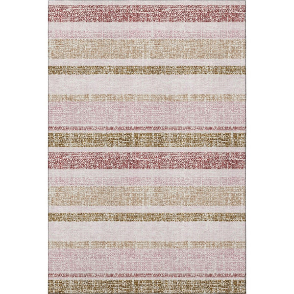HomeRoots 8' Stylish Pink and Beige Striped Washable Round Rug with UV Protection for Busy Homes & Kids 718620