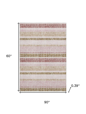 HomeRoots 8' Stylish Pink and Beige Striped Washable Round Rug with UV Protection for Busy Homes & Kids 718620