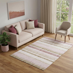 HomeRoots 8' Stylish Pink and Beige Striped Washable Round Rug with UV Protection for Busy Homes & Kids 718620
