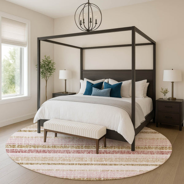 HomeRoots 8' Pink and Beige Striped Washable Area Rug - Durable, UV-Protected, Stain Resistant for Homes & Patios 718621