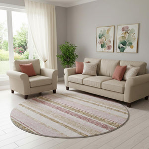 HomeRoots 8' Pink and Beige Striped Washable Area Rug - Durable, UV-Protected, Stain Resistant for Homes & Patios 718621