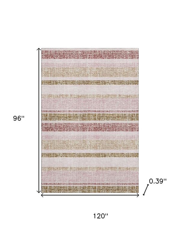 HomeRoots 9' X 12' Pink and Beige Striped Area Rug – Washable, Stain Resistant, UV Protected for Any Space 718622