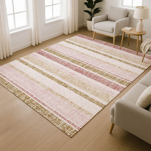 HomeRoots 9' X 12' Pink and Beige Striped Area Rug – Washable, Stain Resistant, UV Protected for Any Space 718622
