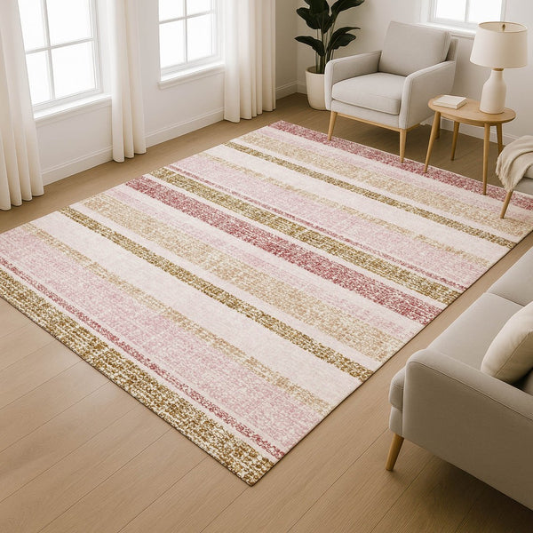 HomeRoots 9' X 12' Pink and Beige Striped Area Rug – Washable, Stain Resistant, UV Protected for Any Space 718622
