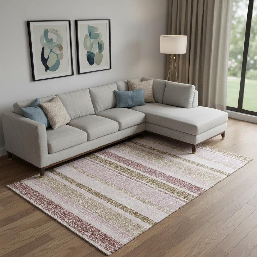 HomeRoots 9' X 12' Pink and Beige Striped Area Rug – Washable, Stain Resistant, UV Protected for Any Space 718622