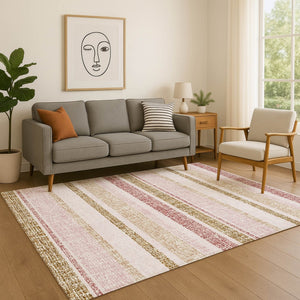 HomeRoots 10' X 14' Pink and Beige Striped Area Rug – Washable, UV-Protected, Durable for High-Traffic Spaces 718623