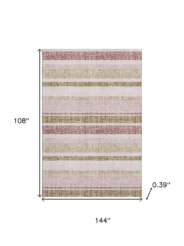 HomeRoots 10' X 14' Pink and Beige Striped Area Rug – Washable, UV-Protected, Durable for High-Traffic Spaces 718623
