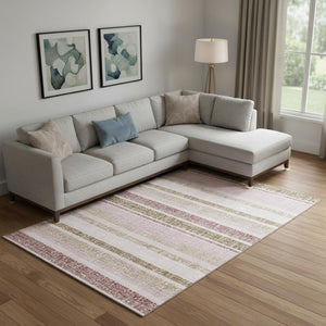 HomeRoots 10' X 14' Pink and Beige Striped Area Rug – Washable, UV-Protected, Durable for High-Traffic Spaces 718623
