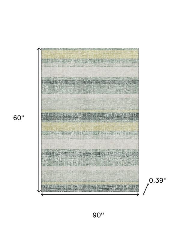 HomeRoots 8' Coastal-Inspired Pale Aqua and Beige Striped Washable Round Rug with UV Protection & Soft Texture 718626