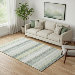 HomeRoots 8' Coastal-Inspired Pale Aqua and Beige Striped Washable Round Rug with UV Protection & Soft Texture 718626