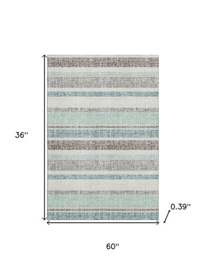 HomeRoots 5' X 8' Teal And Gray Striped Washable Area Rug - UV Protected, Durable, Perfect for Pets & Kids! 718631