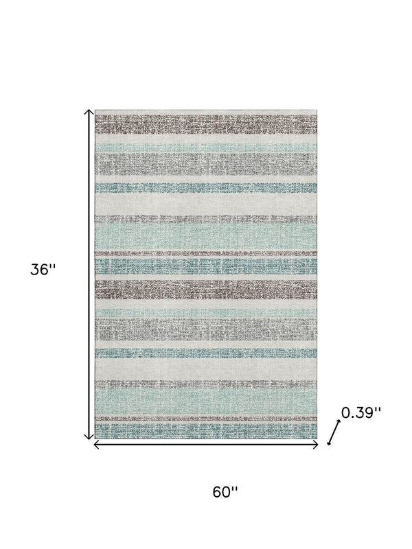HomeRoots 5' X 8' Teal And Gray Striped Washable Area Rug - UV Protected, Durable, Perfect for Pets & Kids! 718631