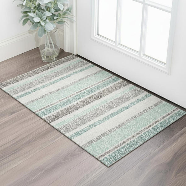 HomeRoots 5' X 8' Teal And Gray Striped Washable Area Rug - UV Protected, Durable, Perfect for Pets & Kids! 718631