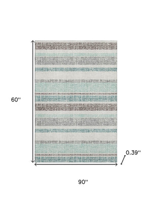 HomeRoots 8' Teal and Gray Striped Round Rug – Washable, UV-Protected, Durable, Perfect for Busy Homes & Kids! 718632