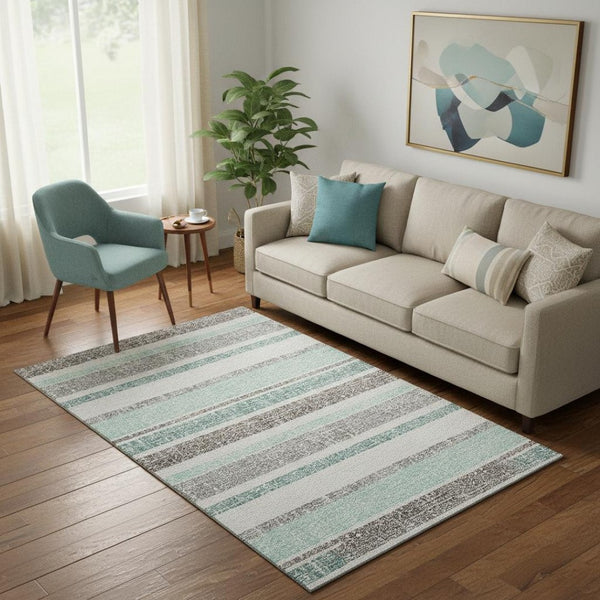 HomeRoots 8' Teal and Gray Striped Round Rug – Washable, UV-Protected, Durable, Perfect for Busy Homes & Kids! 718632
